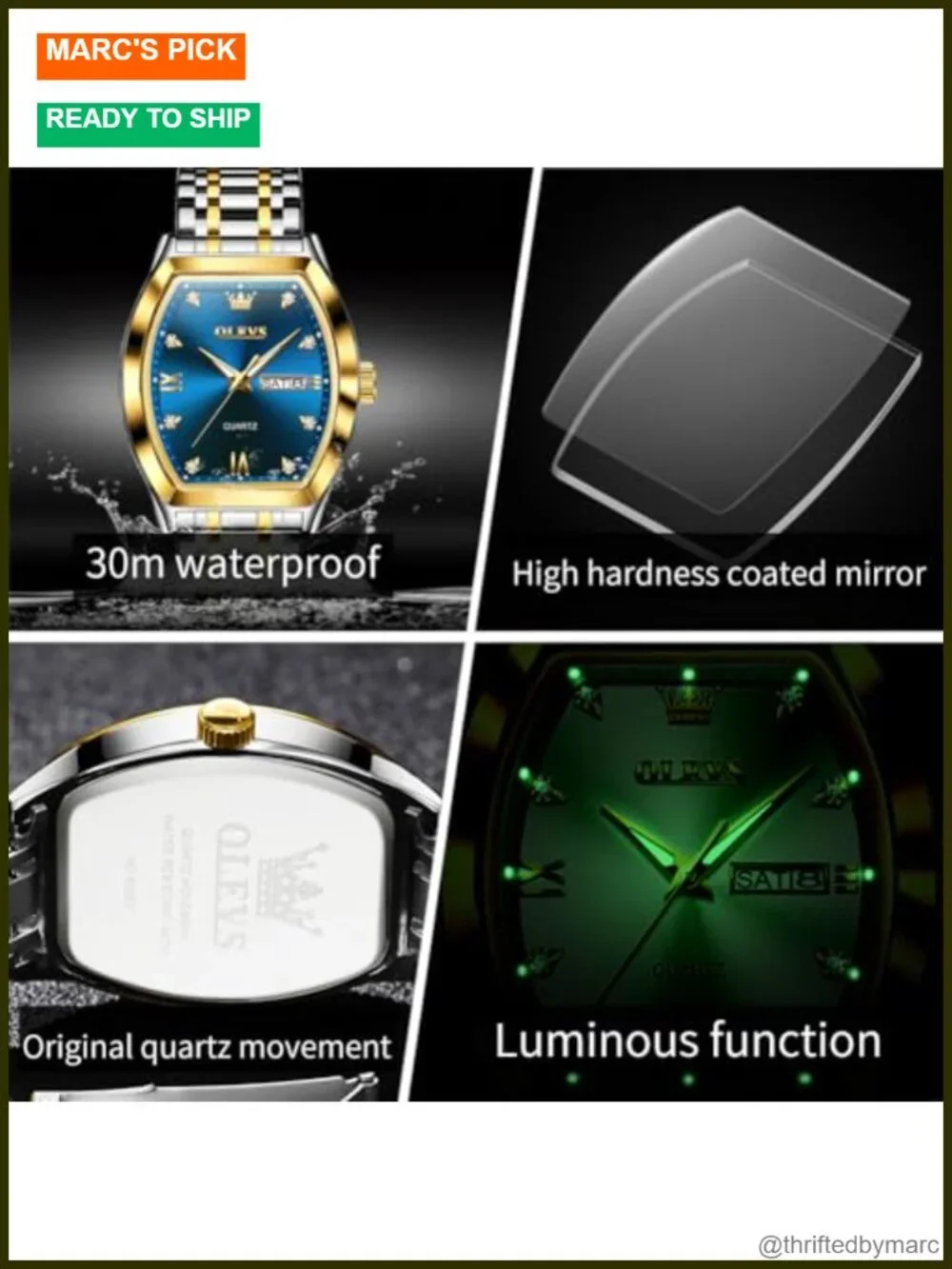 Men's Square Dress Watch - Analog Quartz Stainless Steel with Date Window &